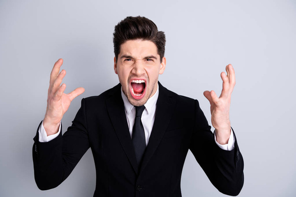 Portrait frustrated nervous entrepreneur economist ceo specialist argue rage crazy scandal exhausted shout scream yell gesture overworked irritated have formal wear isolated ashy-gray background - Photo, Image
