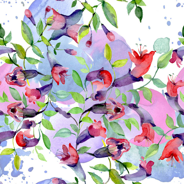 Wildflowers with green leaves. Watercolor background illustration set. Seamless background pattern. - 写真・画像