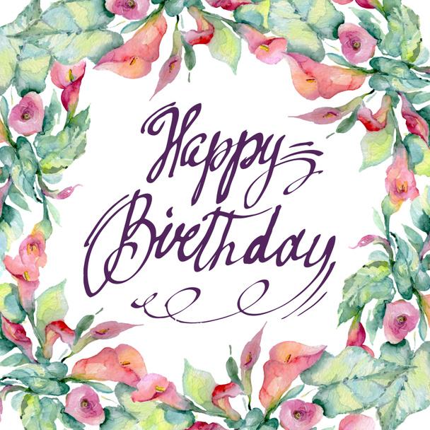 Wildflowers with green leaves isolated on white. Watercolor background illustration elements. Frame with Happy birthday lettering. - 写真・画像