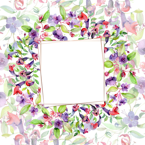Flowers with green leaves isolated on white. Watercolor background illustration elements. Frame with copy space. - Фото, изображение