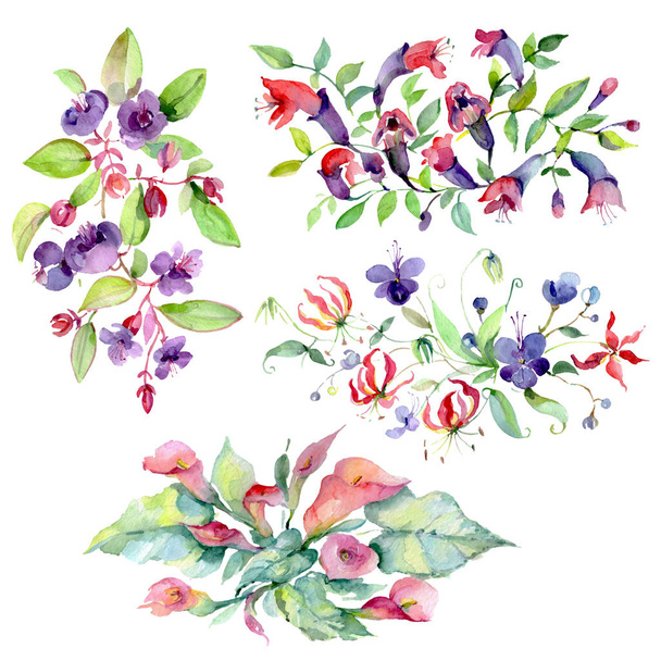 Bouquets of flowers with green leaves isolated on white. Watercolor background illustration elements. - 写真・画像