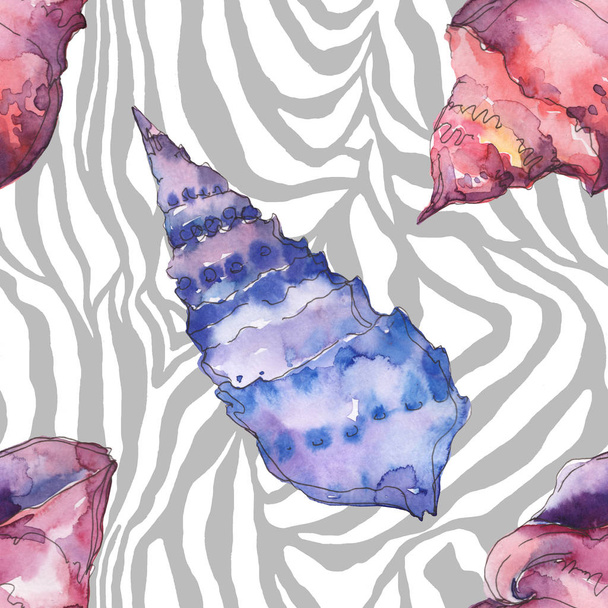 Blue and purple marine tropical seashells on zebra background. Watercolor background illustration set. Seamless background pattern. - Zdjęcie, obraz
