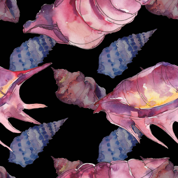 Blue and purple marine tropical seashells isolated on black. Watercolor background illustration set. Seamless background pattern. - Foto, Bild