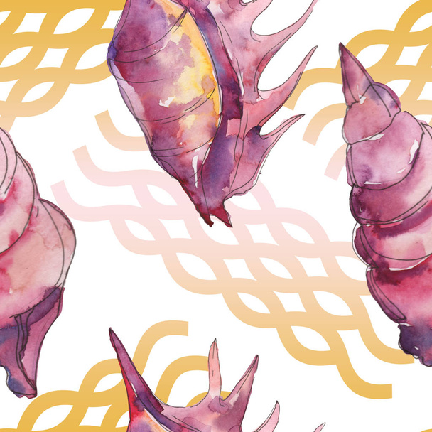 Purple marine tropical seashells isolated on white. Watercolor background illustration set. Seamless background pattern. - Фото, зображення