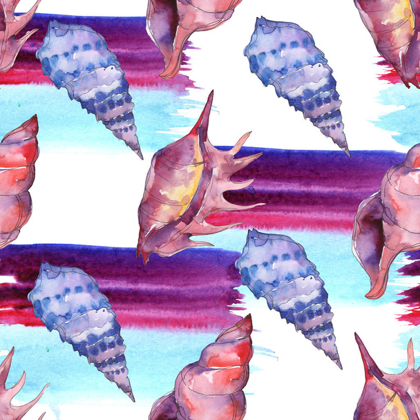 Blue and purple marine tropical seashells with brushstrokes isolated on white. Watercolor background illustration set. Seamless background pattern. - Foto, imagen