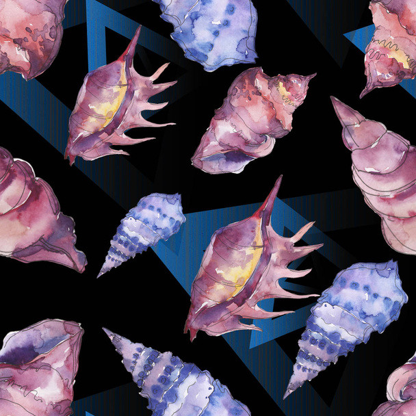 Paarse en blauwe mariene tropische schelpen op zwart. Aquarel achtergrond illustratie instellen. Naadloos achtergrond patroon. - Foto, afbeelding