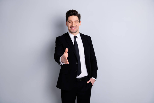 Portrait of handsome satisfied glad content youth career concept human resources people specialist coworking collaboration partner partnership modern expensive clothing isolated silver background  - Fotoğraf, Görsel