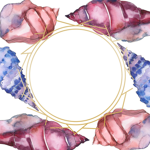 Coquillages tropicaux marins bleus et violets isolés sur blanc. Cadre d'illustration aquarelle avec espace de copie
.  - Photo, image