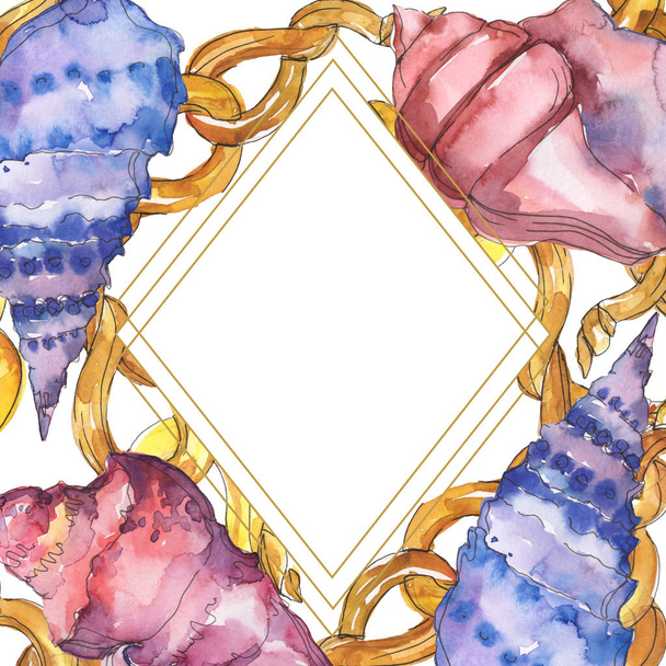 Conchas marinas tropicales azules y púrpuras aisladas en blanco. Marco de ilustración en acuarela con espacio de copia
.  - Foto, Imagen