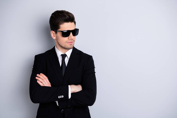 Portrait of classy handsome millennial marketer good-looking specs classic outfit feel independent calm relaxed ready work create startup strategy  gentlemen concept isolated silver background - Фото, зображення