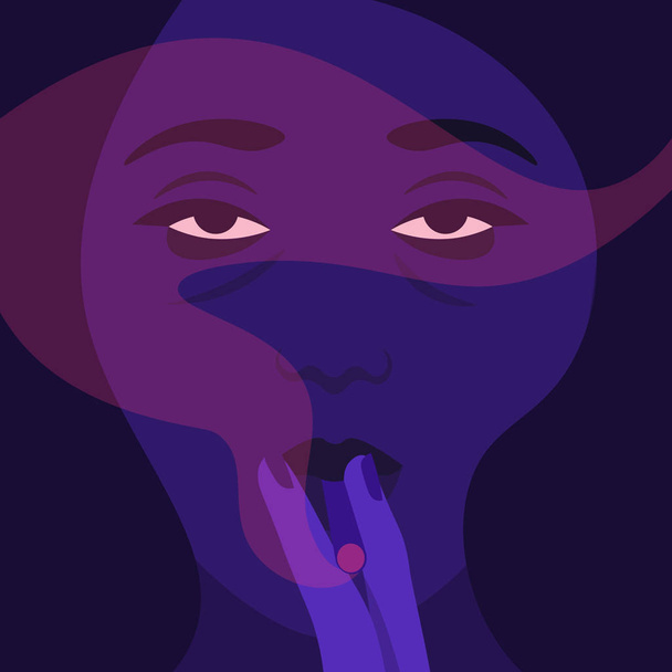 A woman holds a cigarette in her hands and smokes. The girl's face in the dark. Addiction. Vector flat illustration - Vector, Image