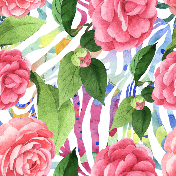 Pink camellia flowers with green leaves on zebra background. Watercolor illustration set. Seamless background pattern.  - Φωτογραφία, εικόνα