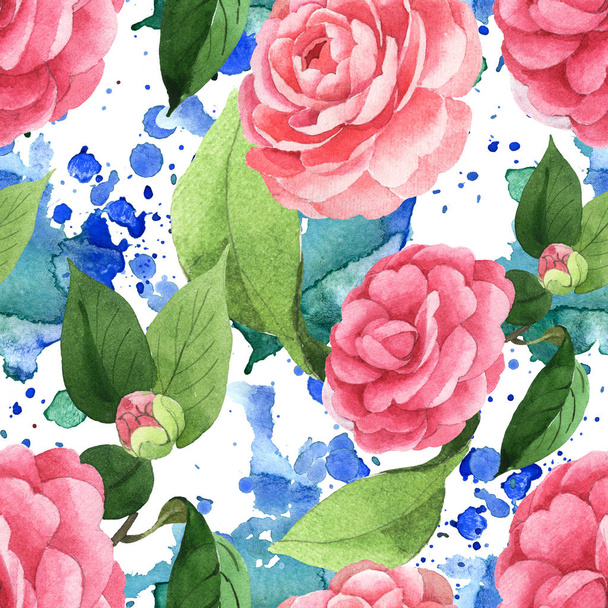 Pink camellia flowers with green leaves on background with watercolor paint spills. Watercolor illustration set. Seamless background pattern.  - Zdjęcie, obraz
