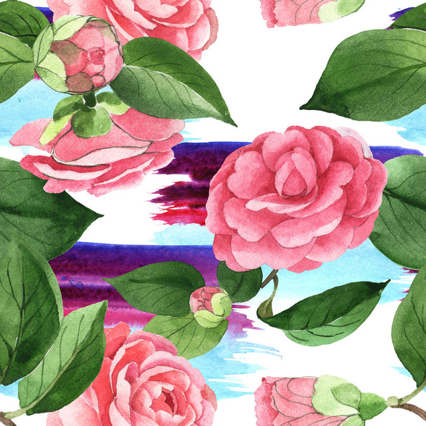 Pink camellia flowers with green leaves on background with watercolor paint brushstrokes. Watercolor illustration set. Seamless background pattern.  - Foto, Imagen