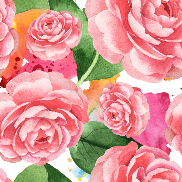 Pink camellia flowers with green leaves on background with watercolor paint spills. Watercolor illustration set. Seamless background pattern.  - Фото, зображення