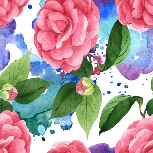 Flores de camélia rosa com folhas verdes no fundo com derramamentos de tinta aquarela. Conjunto de ilustrações aquarela. Padrão de fundo sem costura
.  - Foto, Imagem