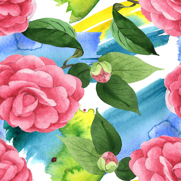 Pink camellia flowers with green leaves on background with watercolor paint brushstrokes. Watercolor illustration set. Seamless background pattern.  - Foto, Imagem