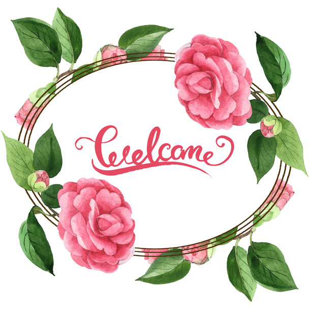 Pink camellia flowers with green leaves isolated on white. Watercolor background illustration set. Frame with welcome lettering. - Photo, Image