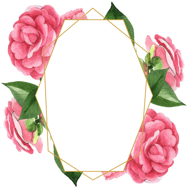 Pink camellia flowers with green leaves isolated on white. Watercolor background illustration set. Empty frame with copy space. - Fotó, kép