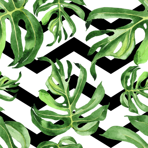 Exotic tropical hawaiian green palm leaves. Watercolor background set. Seamless background pattern. - Valokuva, kuva