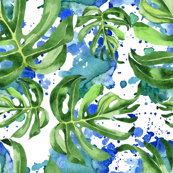 エキゾチックな熱帯ハワイアングリーンヤシの葉。水彩画の背景セット。シームレスな背景パターン. - 写真・画像
