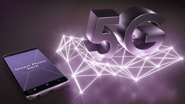 Fialový izolovaný mobilní telefon s 5g vysokorychlostní komunikace v síti Internet, položení na purpurový gradient nad jiskřící paprsky světla 3D vykreslování. Nové celosvětové bezdrátové připojení WiFi. - Fotografie, Obrázek