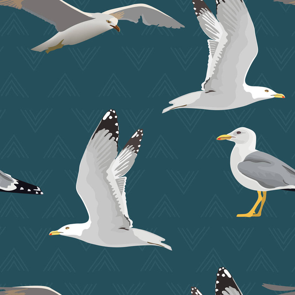 Sea gulls seamless pattern. Hovering, soaring, standing, with folded wings, resting, curious. Flying mew - Vektor, Bild