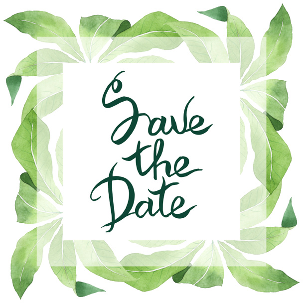 Exotic tropical hawaiian green palm leaves isolated on white. Watercolor background set. Frame with save the date lettering. - 写真・画像