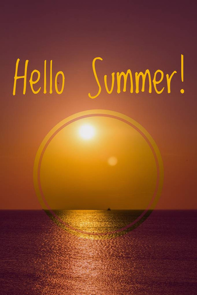 Hello summer banner. Text on the photo. Text hello summer. New month. New season. Summer. Text on photo sunset. Summer sunset. - Zdjęcie, obraz