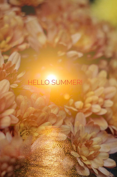 Hello summer banner. Text on the photo. Text hello summer. New month. New season. Summer. Text on photo sunset. Summer sunset. - Zdjęcie, obraz