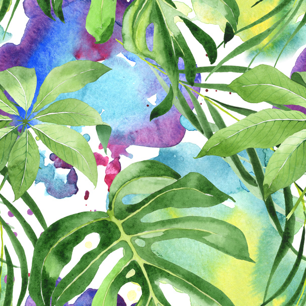 Exotic tropical hawaiian green palm leaves. Watercolor background set. Seamless background pattern. - 写真・画像