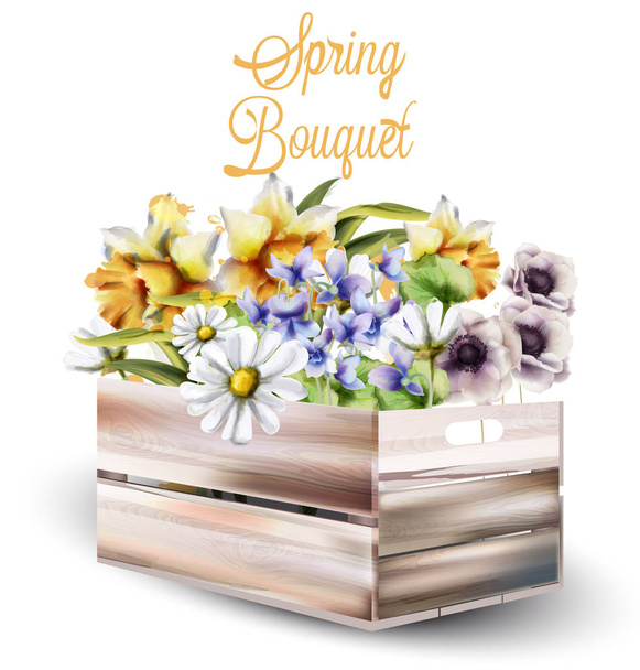 Spring flowers bouquet in a box Vector watercolor. Spring season background. Vintage romantic decors - Vector, Image