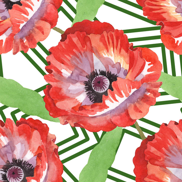 Red poppies watercolor illustration set. Seamless background pattern.  - Foto, imagen