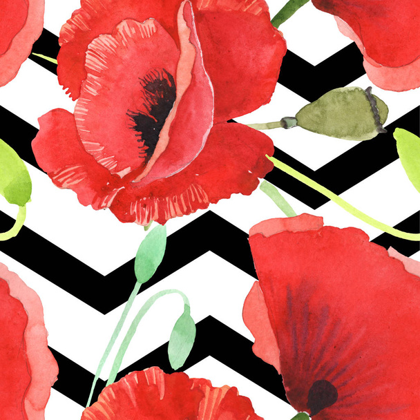 Red poppies watercolor illustration set. Seamless background pattern.  - Fotó, kép