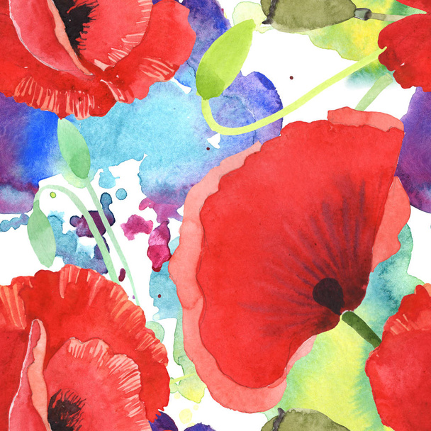 Red poppies watercolor illustration set. Seamless background pattern.  - Foto, imagen