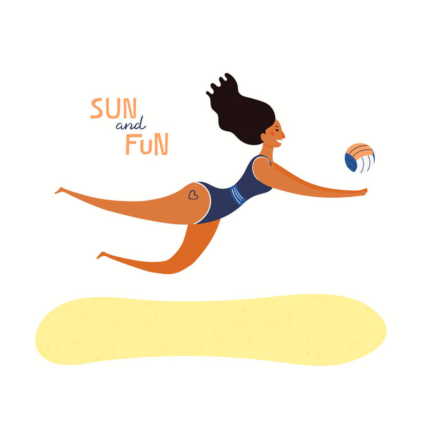 Hand drawn vector illustration of a happy woman playing beach volleyball with quote Sun and fun Isolated on white background, summer poster  - Vector, Image