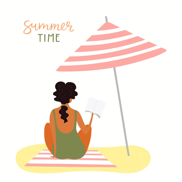 Ilustración vectorial dibujada a mano de una mujer feliz leyendo en la playa con cita de letras Hora de verano Aislado sobre fondo blanco, cartel de verano
  - Vector, Imagen