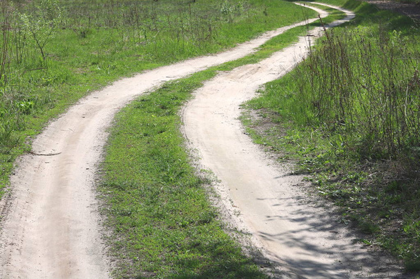 Сельская грунтовая дорога на фоне зеленой травы в начале лета
 - Фото, изображение