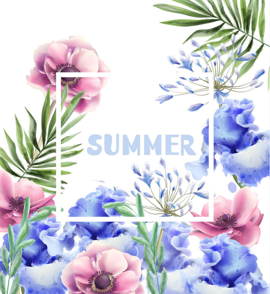 Spring flowers frame card Vector watercolor. Wedding invitation. Summer fest background. Vintage romantic decors - Vector, imagen
