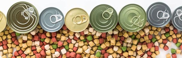 banner of canned food for pets isolated on white. - 写真・画像