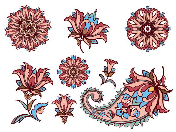 Collection of Elements of Indian ornament, paisley, mandala. Vector illustration. - Vector, imagen