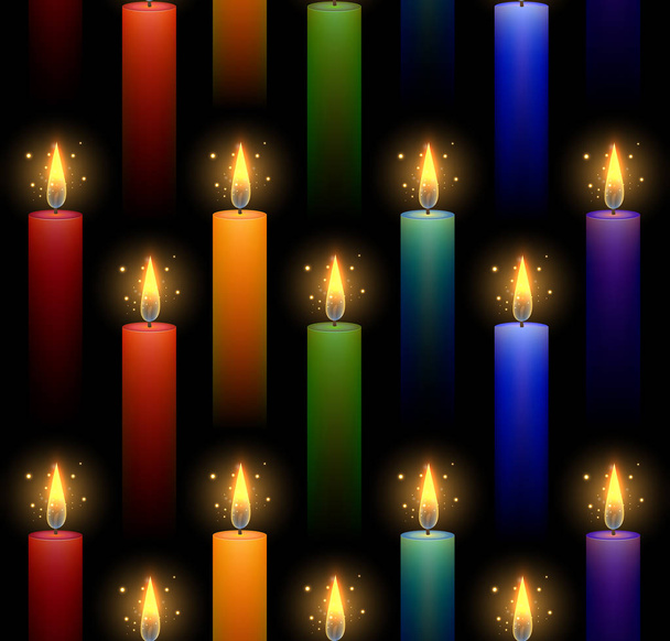 Naadloos patroon met regenboog brandende kaarsen op een donkere achtergrond. Vector textuur in uitknipmasker voor stoffen, achtergronden en uw creativiteit - Vector, afbeelding