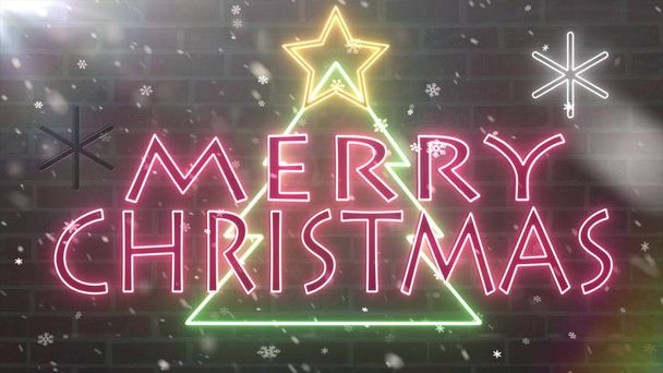 νέον καλά χριστουγεννιάτικα δέντρα σημάδι νέον υπογραφή συγχαρητηρίων πανό με αστέρι και χιονονιφάδες που πέφτουν στην εικόνα φόντο τούβλο τοίχου νέα ποιότητα τεχνολογία δυναμική πολύχρωμη εικόνα απόθεμα διακοπών - Φωτογραφία, εικόνα