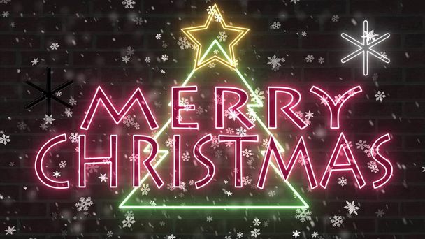 νέον καλά χριστουγεννιάτικα δέντρα σημάδι νέον υπογραφή συγχαρητηρίων πανό με αστέρι και νιφάδες χιονιού που πέφτουν εικόνα φόντο νέα ποιότητα τεχνολογία δυναμική πολύχρωμη εικόνα απόθεμα διακοπών - Φωτογραφία, εικόνα