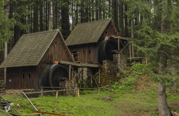 Antiguo molino de madera en el bosque en el valle cerca de la ciudad de Zlate Hory
 - Foto, Imagen