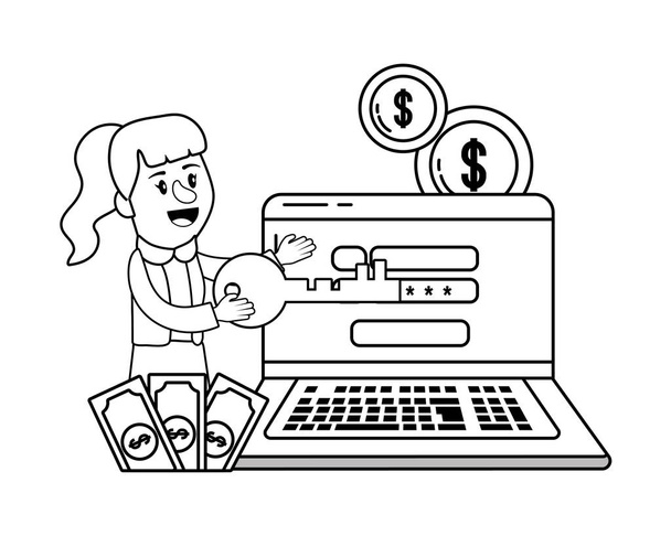 İş kadını bankacılık finansal planlama siyah beyaz - Vektör, Görsel
