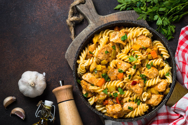 Pasta with Chicken and vegetables, top view. - Fotó, kép