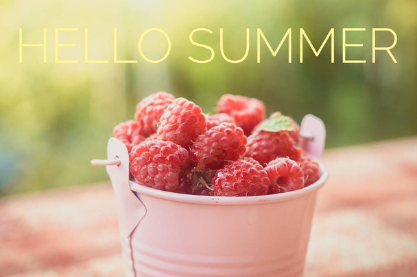 Hello summer banner. Text on the photo. Text hello summer. New month. New season. Welcome card - Foto, Bild