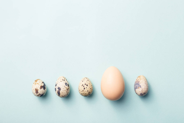 Row of quail and chicken eggs. - Zdjęcie, obraz