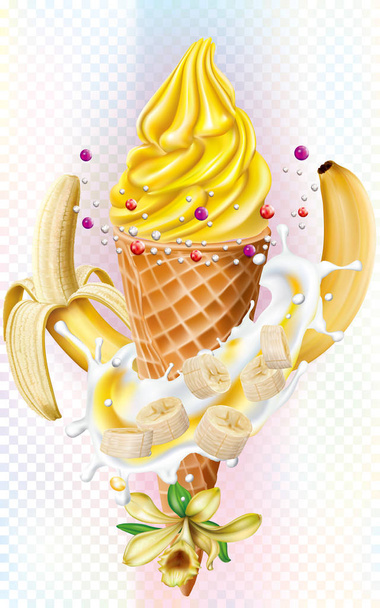 Icecream em cones de waffles com banana e baunilha
 - Vetor, Imagem